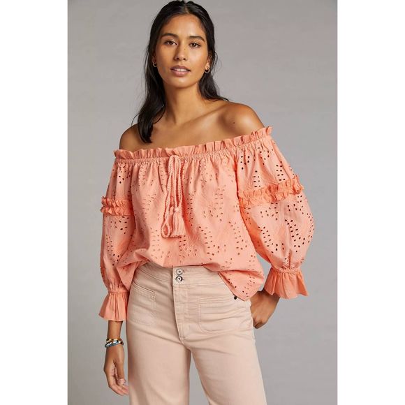 Anthropologie Jane Eyelet Lace Off-The-Shoulder Blouse Size 10 A37 - Picture 5 of 11